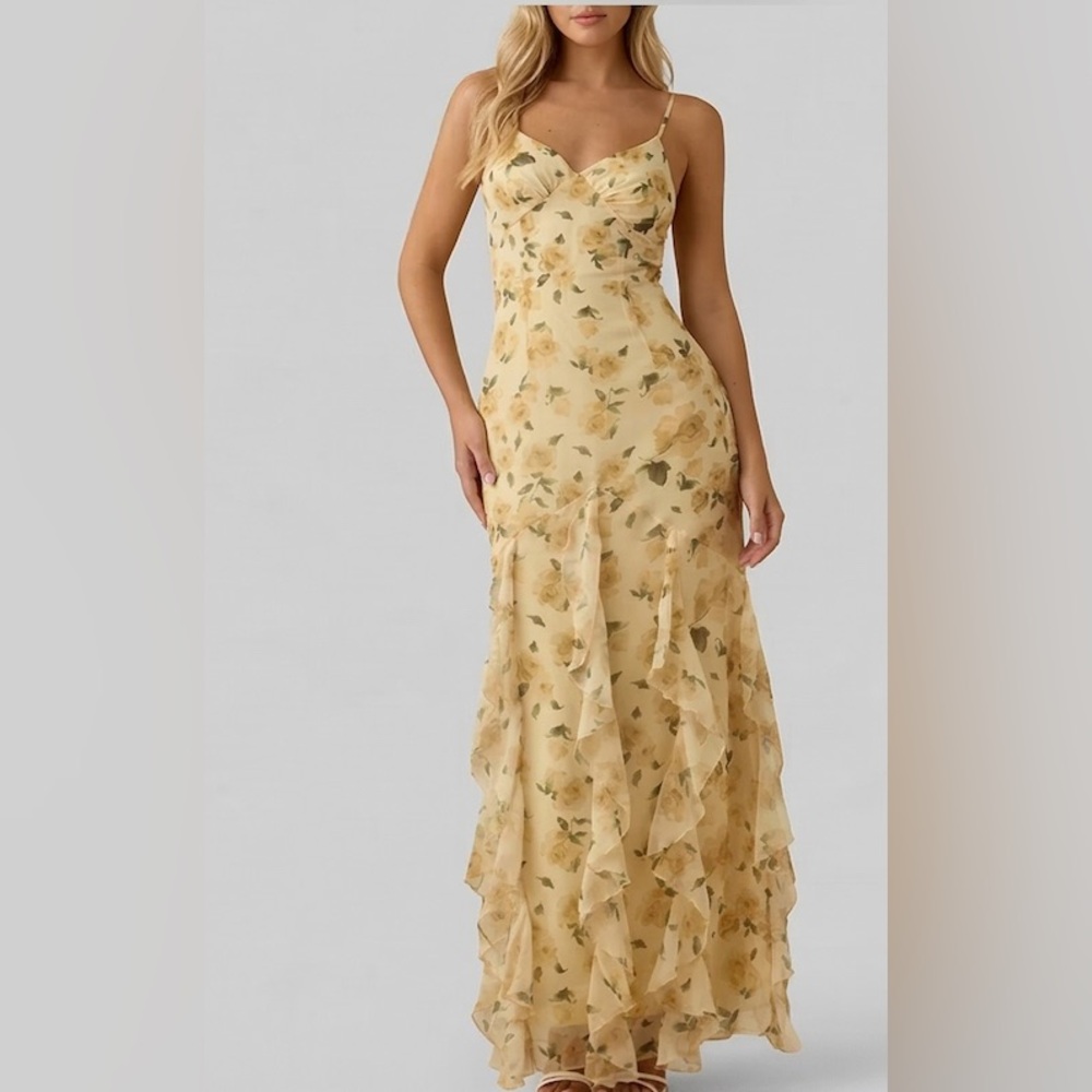 Meadow Dream V-Neck Floral Maxi with Layered Ruffles Yellow